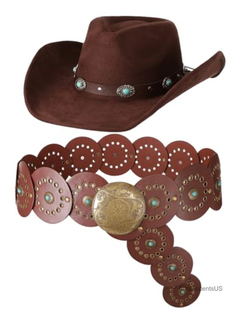 Western Cowboy Hat Belt Set Faux Leather Turquoise Studded Boho